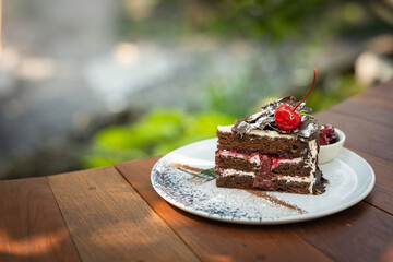 Plate with slice of tasty homemade chocolate cake on table
