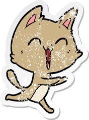 distressed sticker of a happy cartoon cat meowing