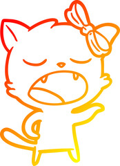 warm gradient line drawing of a cartoon yawning cat