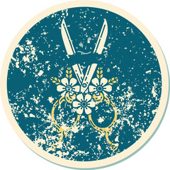 iconic distressed sticker tattoo style image of barber scissors and flowers