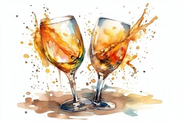 Watercolor Champagne Glasses Isolated On White, Splashing. Generative AI