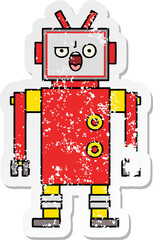 distressed sticker of a cute cartoon angry robot