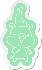 quirky cartoon  sticker of a angry pig wearing santa hat