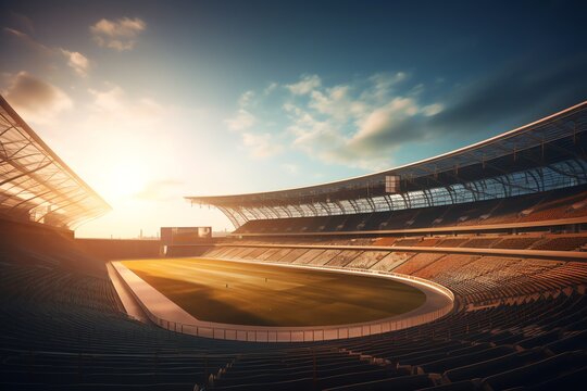3D render of a stadium with fans during sunset, against a blue sky backdrop. Generative AI