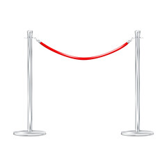 Queue, crowd control barrier isolated on white background realistic vector illustration. Red velvet rope retractable stanchion mockup for design