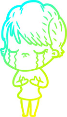 cold gradient line drawing of a cartoon woman crying