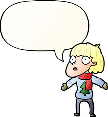 cartoon surprised christmas person with speech bubble in smooth gradient style