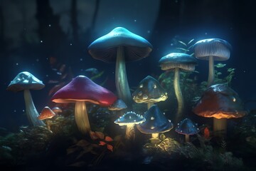 Fototapeta na wymiar Colorful, glowing, mystical mushrooms in est software. Generative AI