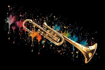 Fototapeta na wymiar Colorful brass trumpets splash in illustration on black background, in a horizontal banner. Generative AI