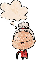 cartoon old lady with thought bubble in grunge texture style