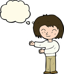 cartoon woman gesturing welcome with thought bubble