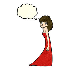 cartoon woman pulling photo face with thought bubble