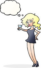 cartoon woman at party with thought bubble