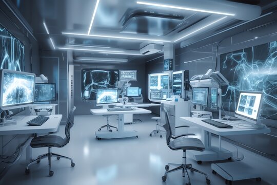 Modern clinic operating room with computer equipment and neural network art. Generative AI