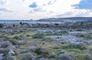Fototapeta na wymiar scenic view of Yumru Koyu Bay and Alacati Marina near Cesme (Izmir province, Turkey)