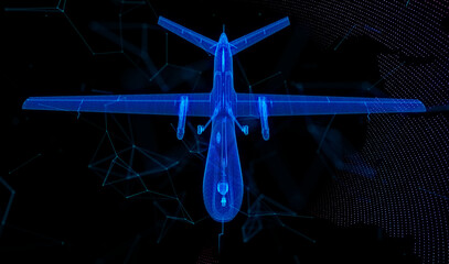 3d Military drone. Aircraft unmanned military drone. Abstract mesh art with lines, dots and particles