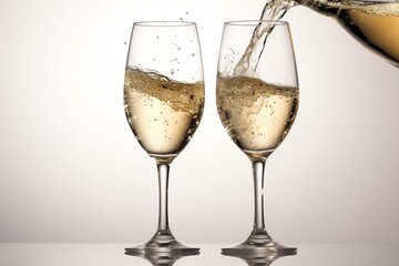 Two Champagne Glasses Toasting, White Background. Generative AI