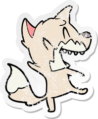 distressed sticker of a laughing fox cartoon