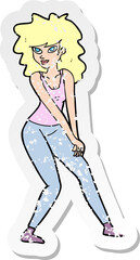 retro distressed sticker of a cartoon woman posing