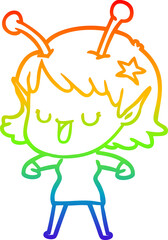 rainbow gradient line drawing of a happy alien girl cartoon