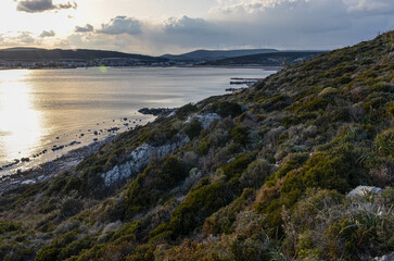 Fototapeta na wymiar scenic view of Yumru Koyu Bay and Alacati Marina near Cesme (Izmir province, Turkey)
