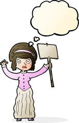 cartoon vicorian woman protesting with thought bubble