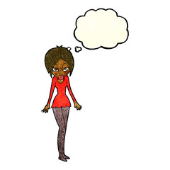 cartoon woman in short dress with thought bubble