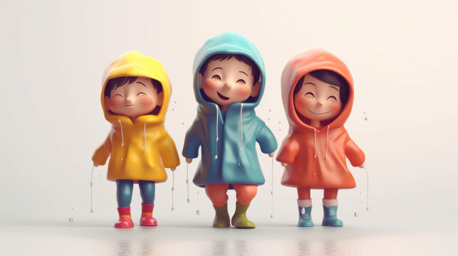 The colorful raincoats and playful activities make for a vibrant image. Generative AI