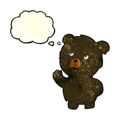 cartoon waving black bear with thought bubble