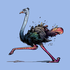 Colored vector  inked style ostrich wall art - obrazy, fototapety, plakaty