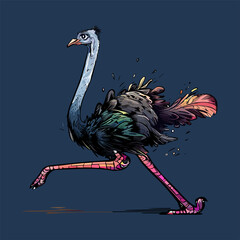 Colored vector  inked style ostrich wall art - obrazy, fototapety, plakaty