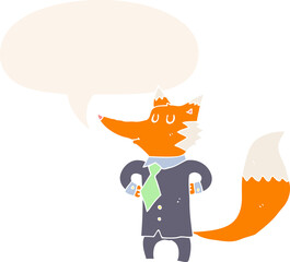 cartoon fox businessman with speech bubble in retro style