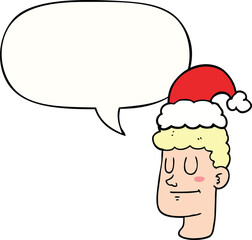 cartoon man wearing christmas hat with speech bubble