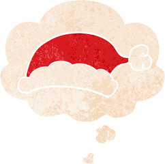 cartoon christmas hat with thought bubble in grunge distressed retro textured style
