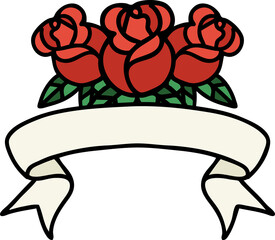 traditional tattoo with banner of a bouquet of flowers