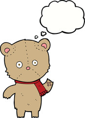 cartoon waving teddy bear with thought bubble