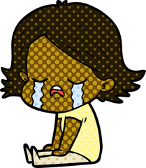 cartoon girl crying sat on floor