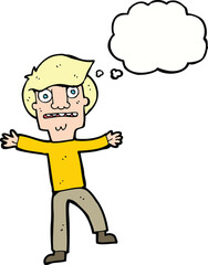 cartoon boy panicking with thought bubble