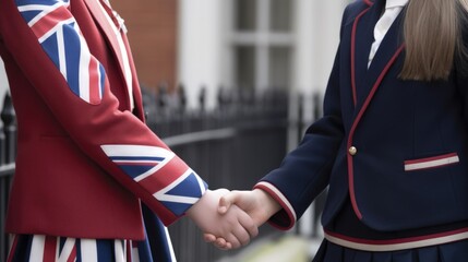 Friendly or casual handshake between British Women in their traditional attires. Generative AI.