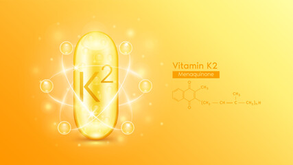 Gold oil capsule vitamin K2 and structure chemical formula. Pill multivitamin complex with bubble collagen serum radius ring surround. Skincare cosmetics nutrition design. Medical concepts. 3D Vector.