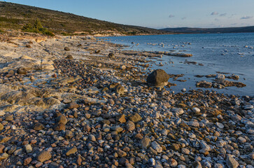 scenic view of Yumru Koyu Bay and Bozolan Burnu Cape near Alacati (Izmir province, Turkey)