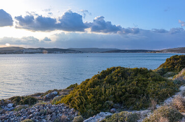 scenic view of Yumru Koyu Bay and Alacati Marina near Cesme (Izmir province, Turkey)