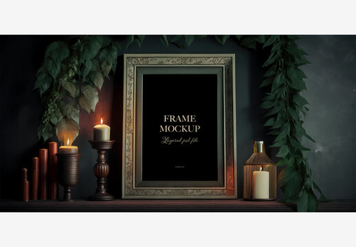 Stylish Home Decor: Mirror And Candles With Plant And Candle Holder In Background, Enhanced By Green And Dark Walls With Candle Holders Frame Mockup Template Generative AI