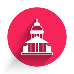 White Museum building icon isolated with long shadow background. Red circle button. Vector