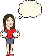 cartoon woman with hands on hips with thought bubble