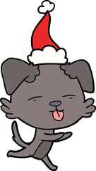 hand drawn line drawing of a dog sticking out tongue wearing santa hat