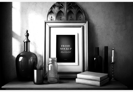 Stylish Home Decor: Picture Frame, Candle Holder, And Vase On Wooden Shelves With Books And More Frame Mockup Template Generative AI