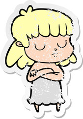 distressed sticker of a cartoon indifferent woman