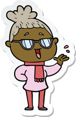 sticker of a cartoon happy woman wearing spectacles