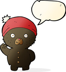 cartoon waving black teddy bear in winter hat with speech bubble